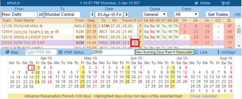 Indianrail train rundays for non daily trains